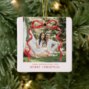 Ornamento De Cerâmica Foto de Natal Alegre com Laço Vermelho Moderno