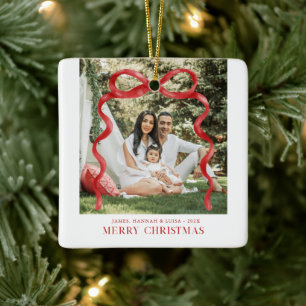 Ornamento De Cerâmica Foto de Natal Alegre com Laço Vermelho Moderno
