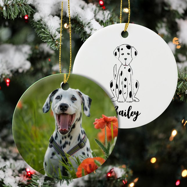 Ornamento De Cerâmica Foto de Natal Cachorro Cachorro Cachorro Dalmacian (Cute white poodle puppy Christmas ornament with personalized pet photo holiday design.)