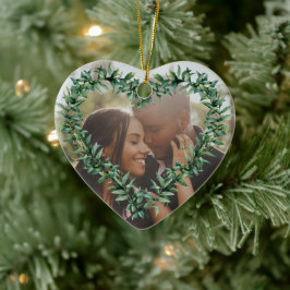 Ornamento De Cerâmica Foto de Natal Casada pela Primeira Vez do Coração