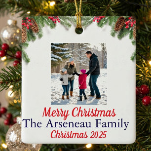 Ornamento De Cerâmica Foto de Natal com Azevinho Floral Personalizado