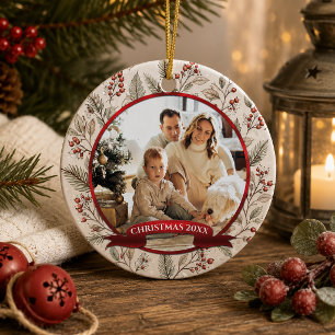 Ornamento De Cerâmica Foto de Natal com Folhas Sempre Verdes, Azevinho e