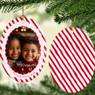 Ornamento De Cerâmica Foto de Natal com Listras Modernas de Bastão de Do