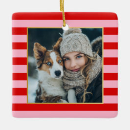 Ornamento De Cerâmica Foto de Natal com Listras Rosa e Vermelho