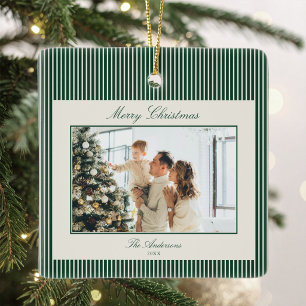 Ornamento De Cerâmica Foto de Natal com Listras Verdes Elegantes