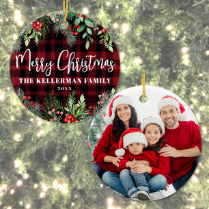 Ornamento De Cerâmica Foto de Natal com Xadrez Vermelho