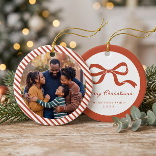 Ornamento De Cerâmica Foto de Natal da Família com Laço Elegante