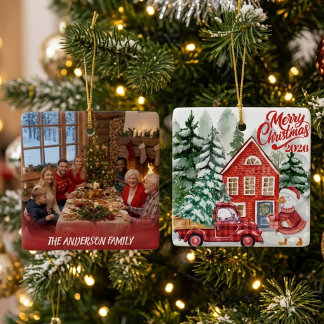 Ornamento De Cerâmica Foto de Natal da Família do Caminhão Vermelho do A