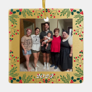 Ornamento De Cerâmica Foto de Natal da Família Dupla Dourada e Frame Hol