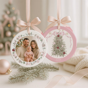 Ornamento De Cerâmica Foto de Natal da Família Pink