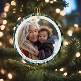 Ornamento De Cerâmica Foto de Natal da família Rustic Woodland