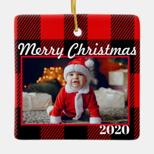 Ornamento De Cerâmica Foto de Natal da Xadrez Vermelha 2 Lados Modernos (Frente)