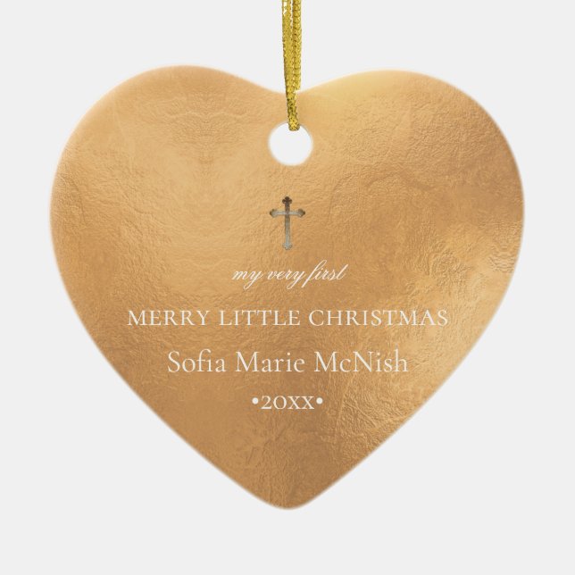 Ornamento De Cerâmica Foto de Natal de 1 rua do PixDezines Baby, Ouro (Frente)