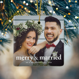 Ornamento De Cerâmica Foto de Natal de Newlyweds para felizes e Casados