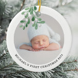 Ornamento De Cerâmica Foto de Natal do bebê<br><div class="desc">O Primeiro Ornamento de Natal deste Bebê é decorado com água doce. Facilmente personalizável com a foto,  o nome e o ano do seu bebê. Use a Ferramenta Design para alterar o tamanho,  o estilo ou a cor do texto. Original Watercolor © Michele Davies.</div>