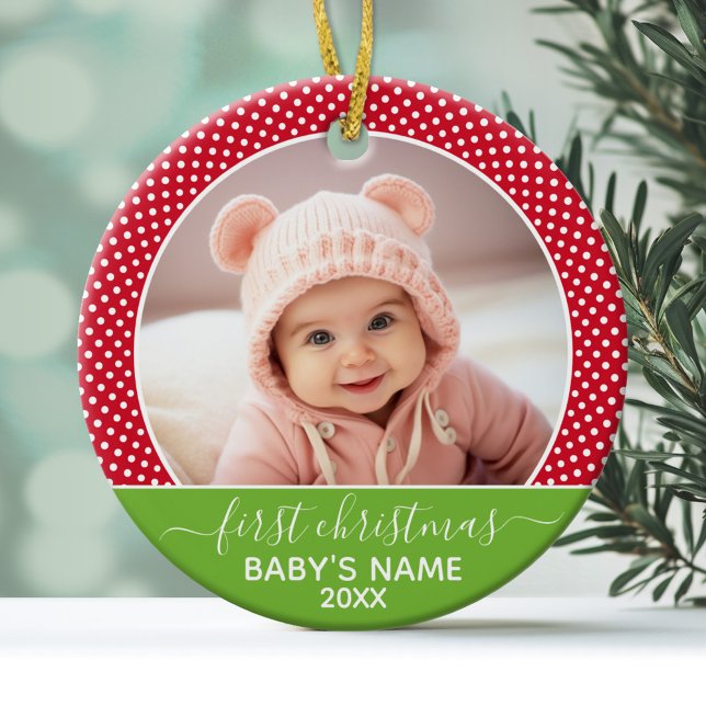Ornamento De Cerâmica Foto de Natal do Bebê - Lado Solteiro (Personalized Photo Ornament - Baby's First Christmas)