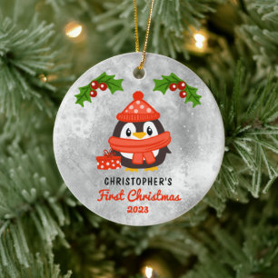 Ornamento De Cerâmica Foto de Natal do Bebê Pinguim Pinguim, um Bico Car