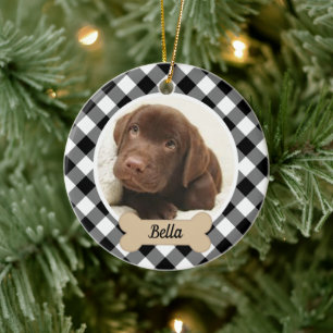 Ornamento De Cerâmica Foto de Natal do Cão em Xadrez Búfalo Preto e Bran