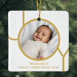 Ornamento De Cerâmica Foto de Natal do Criança Personalizado<br><div class="desc">O Primeiro Ornamento Fotográfico de Natal deste na moda Baby Boy é decorado com a palavra JOY em ouro sobre fundo branco. Facilmente personalizável com sua foto,  nome e ano.</div>