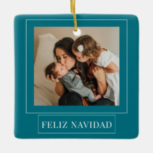 Ornamento De Cerâmica Foto de Natal do Teal Feliz Navidad Minimalista