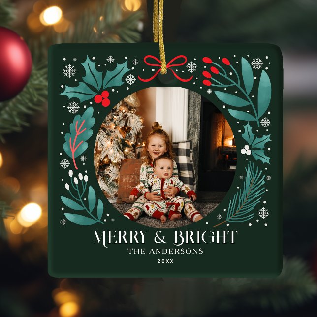 Ornamento De Cerâmica Foto de Natal dos Botânicos Evergreen Winter (Criador carregado)