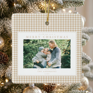 Ornamento De Cerâmica Foto de Natal em Xadrez Beige