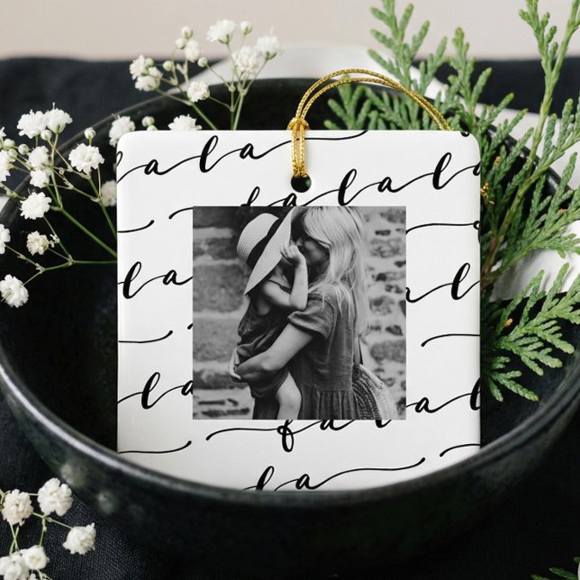 Ornamento De Cerâmica Foto de Natal FA LA White e Black Calliographic (Modern Minimalist FA LA LA Family Photo Keepsake Ceramic Ornament)