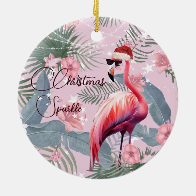 Ornamento De Cerâmica Foto de Natal Flamingo Santa Hat Tropical (Traseira)