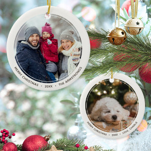 Ornamento De Cerâmica Foto de Natal Minimalista de Família e Cachorro