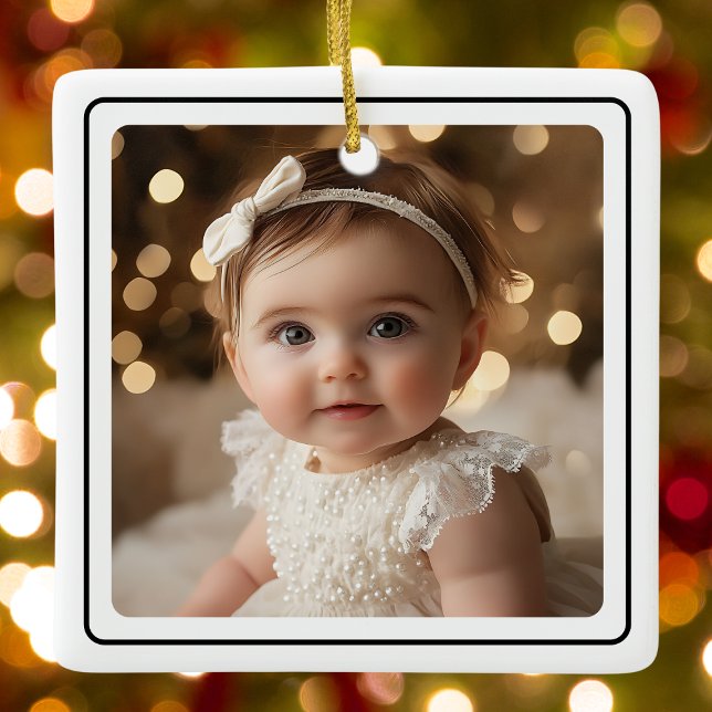 Ornamento De Cerâmica Foto de Natal Moderno Preto e Branco (Modern Baby Photo Christmas Black and White Script Ceramic Ornament)