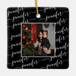 Ornamento De Cerâmica Foto de Natal Personalizada - Caligrafia Preta e B