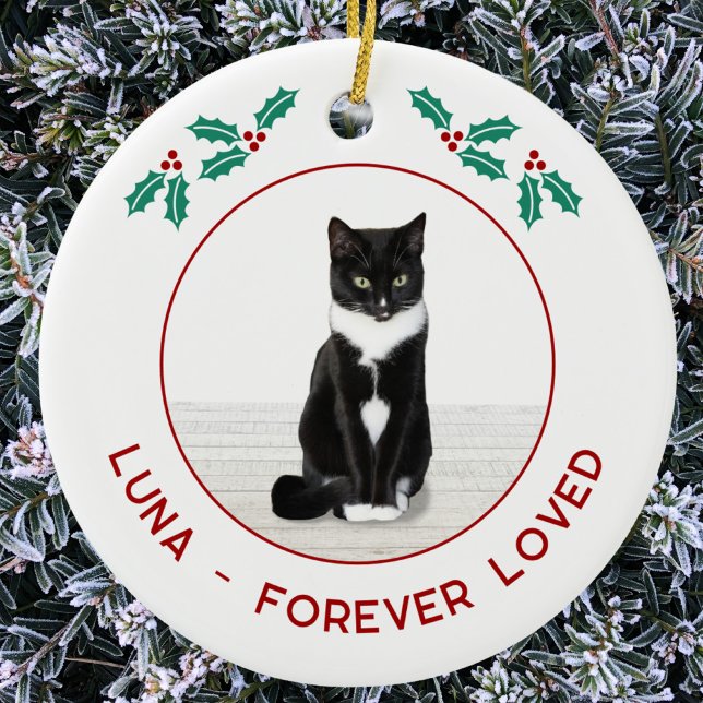 Ornamento De Cerâmica Foto de Natal Personalizada de Memorial de Gato de (Personalized name text pet cat memorial photo Christmas ornament)