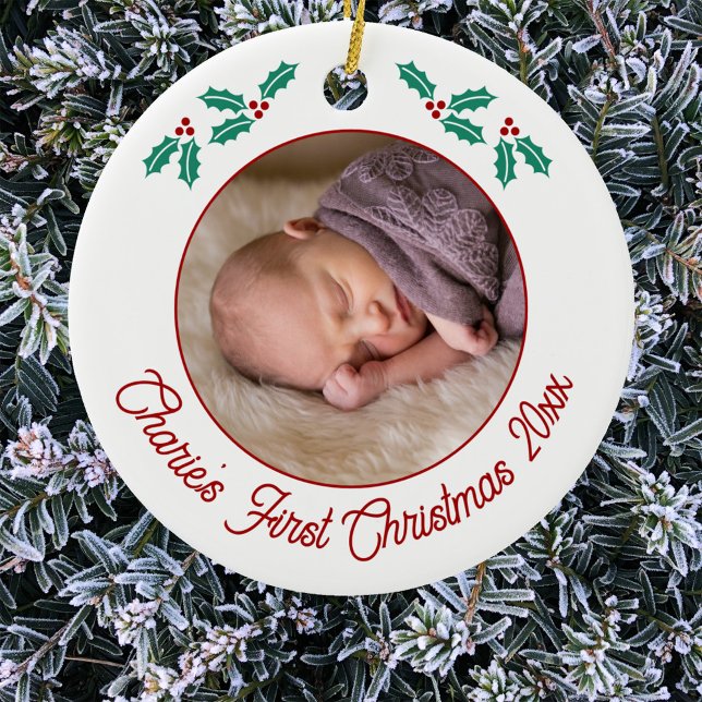 Ornamento De Cerâmica Foto de Natal Personalizada do Primeiro Bebê (Personalized baby name first Christmas year photo ornament)