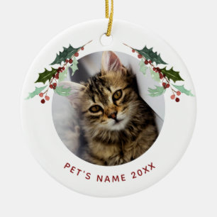 Ornamento De Cerâmica Foto de Natal personalizada Holly em branco