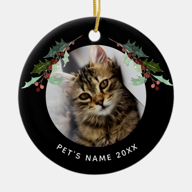 Ornamento De Cerâmica Foto de Natal personalizada Holly em preto (Frente)