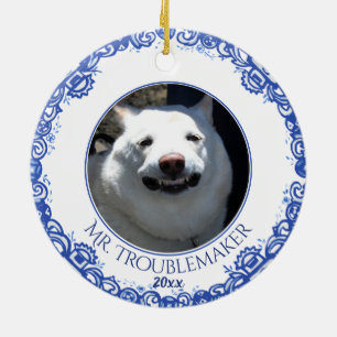 Ornamento De Cerâmica Foto de Natal Pet Data Cachorro Selvagem Azul