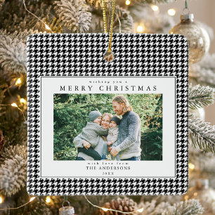 Ornamento De Cerâmica Foto de Natal Preto e Branco Xadrez