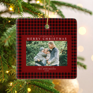 Ornamento De Cerâmica Foto de Natal Red Gingham