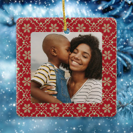 Ornamento De Cerâmica Foto de Natal Red Snowflake Personalizada