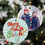 Ornamento De Cerâmica Foto de Natal Retroativa Personalizada<br><div class="desc">Adicione um toque de nostalgia ao seu decoro de férias com este ornamento de decoração de Natal em estilo retrô! Apresentando uma design de letras colorida e ousada e uma mensagem sazonal divertida de "Feliz e Brilho", este acessório de árvore inspirado na safra é perfeito para espalhar alegria de férias....</div>