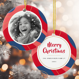 Ornamento De Cerâmica Foto de Natal retrógrada azul-rosa-vermelha