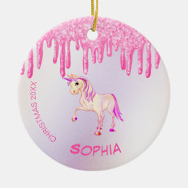 Ornamento De Cerâmica Foto de Natal Unicorn Rosa Glitter Girly