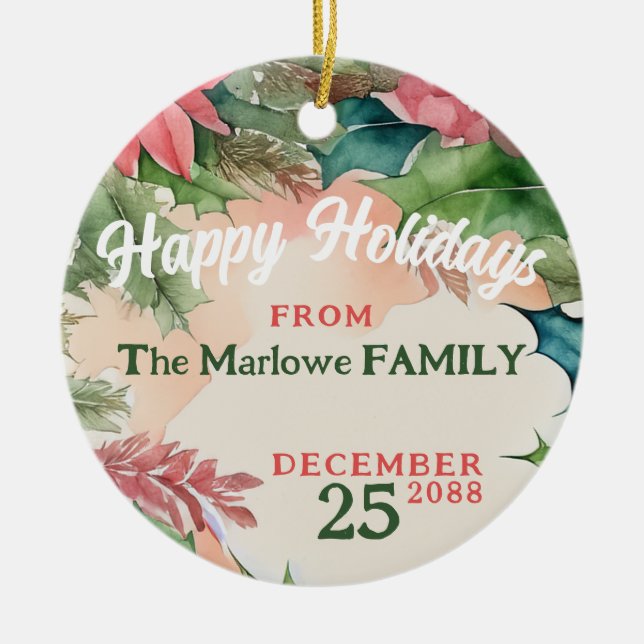 Ornamento De Cerâmica Foto de Natal Vermelho e Verde Tradicional (Frente)