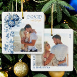 Ornamento De Cerâmica Foto de noivado Engaged & Bright 2 Square<br><div class="desc">Enfeite de foto Engaged and Bright - perfeito para presente de noivado ou primeiro Natal de casal noivado! O design apresenta enfeites de bolas azuis com folhagem de inverno delicada para enquadrar sua foto e é elegantemente escrito com Engaged and Bright. O outro lado do enfeite tem uma segunda foto...</div>