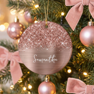Ornamento De Cerâmica Foto de Nome Glam Dourado Rosa Espelhante