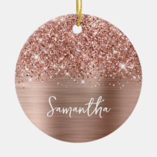 Ornamento De Cerâmica Foto de Nome Glam Dourado Rosa Espelhante