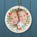 Ornamento De Cerâmica Foto de papai noel de Natal<br><div class="desc">Frente com coroa e papais noeis bonitinhos - ao lado de trás com o padrão de natal Cute design de trás com símbolos da natureza desenhados à mão,  homens de neve,  renas,  Holly,  neve, </div>