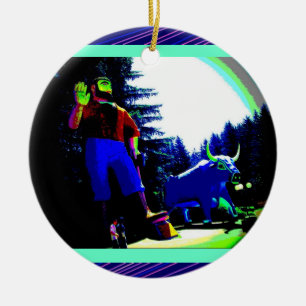 Ornamento De Cerâmica Foto de Paul Bunyan e de boi aumentada digital