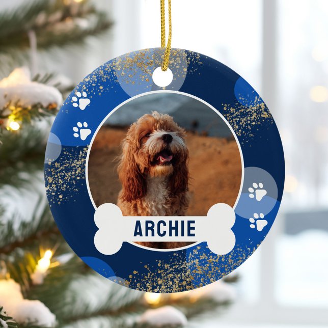 Ornamento De Cerâmica Foto de Pet de Impressão Abstrato Azul (Criador carregado)