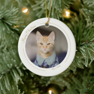 Ornamento De Cerâmica Foto de Pet de Natal Mínimo Elegante Dourada